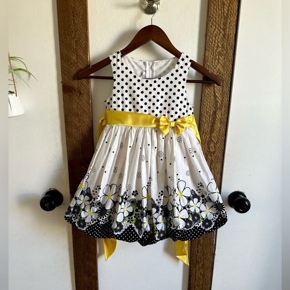 Y2K Bonnie Jean 4T Toddler Girl Cotton Polka Dot Floral Dress Black White Yellow - Picture 3 of 16